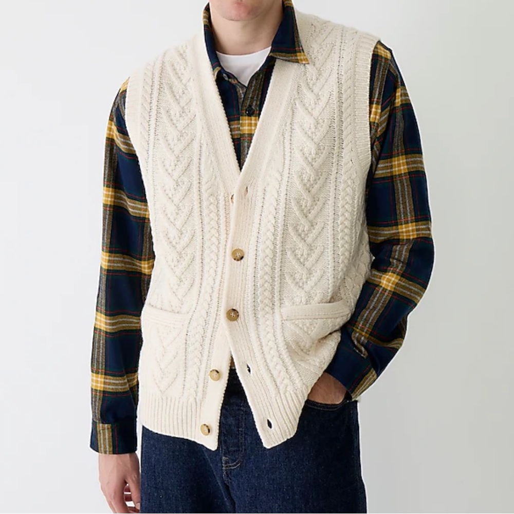 J.Crew Rugged merino wool-blend cable-knit sweater-vest XXL Warm Sesame